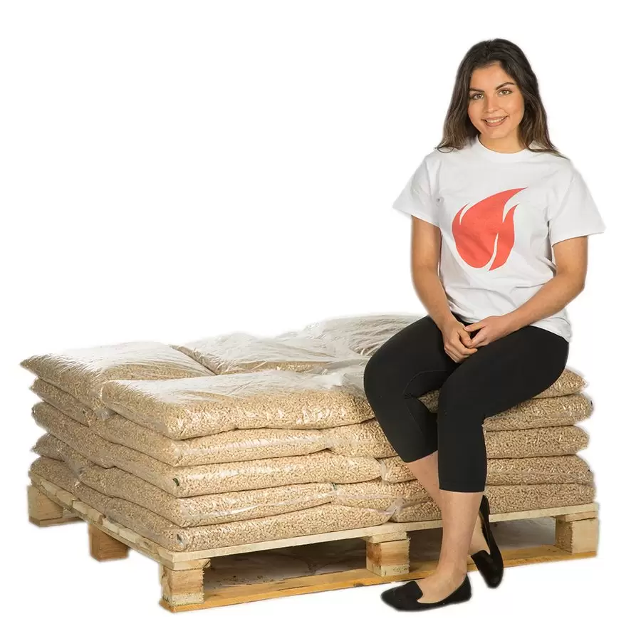 240 Kg Wood Pellets a lady with fire logo shirt