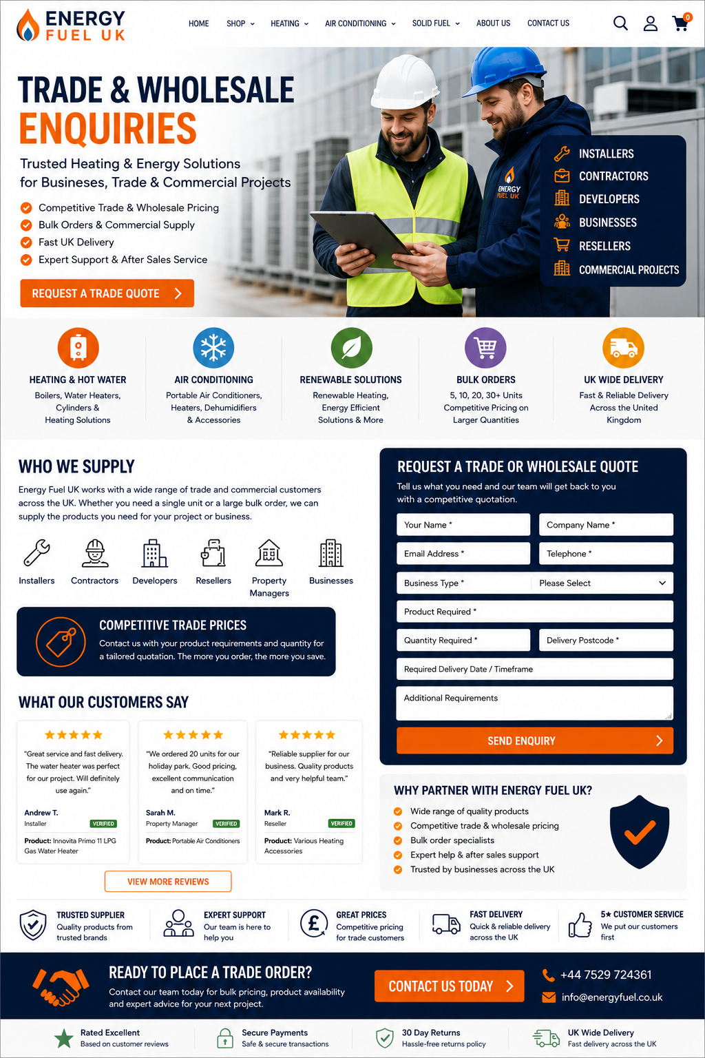 Energy Fuel UK trade and wholesale heating supply for installers contractors developers and businesses